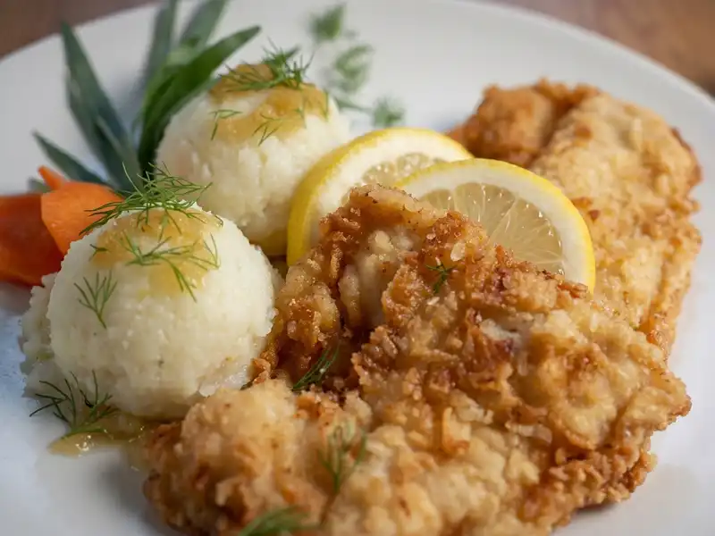 Golden fried bass with mashed potato and lemon, Polish style at Restaurant Relax