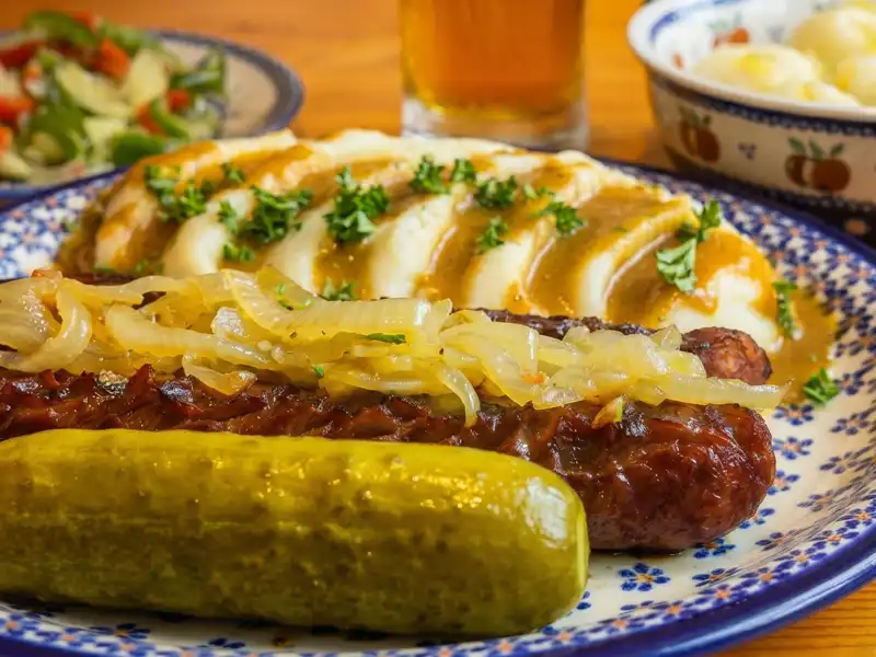 Grilled Polish kielbasa with caramelized onion and pickle, Greenpoint Brooklyn