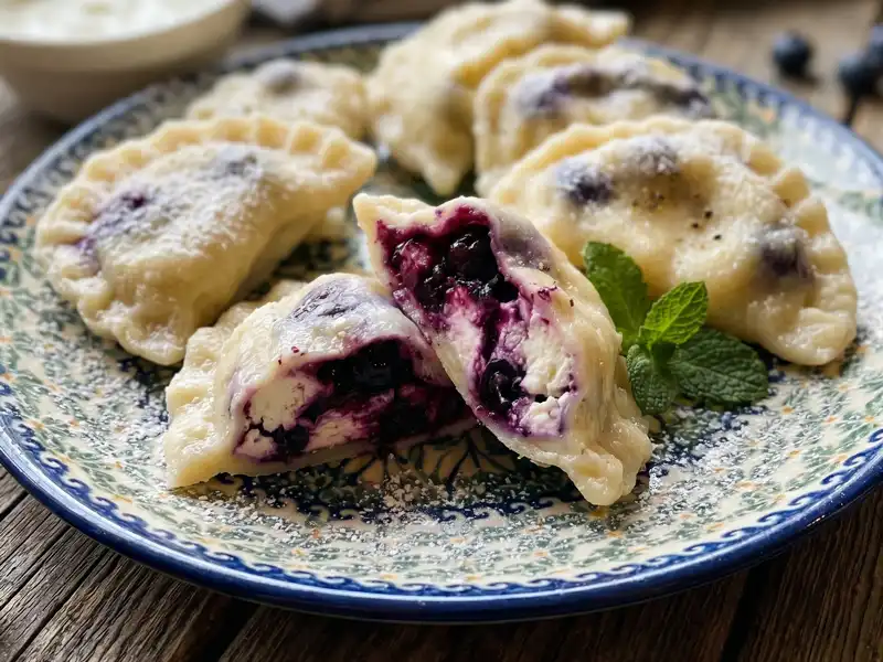 Sweet blueberry pierogi with powdered sugar and sour cream, Restaurant Relax Greenpoint