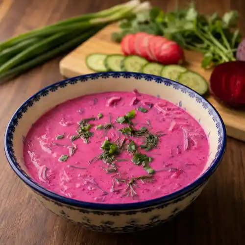 Traditional Polish cold beet soup, chłodnik, with beets, cucumber, radish, dill and green onions at Restaurant Relax in Greenpoint