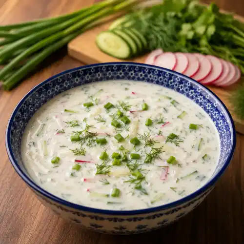 Traditional Polish white chłodnik cold cucumber soup with radish, dill and green onions at Restaurant Relax in Greenpoint