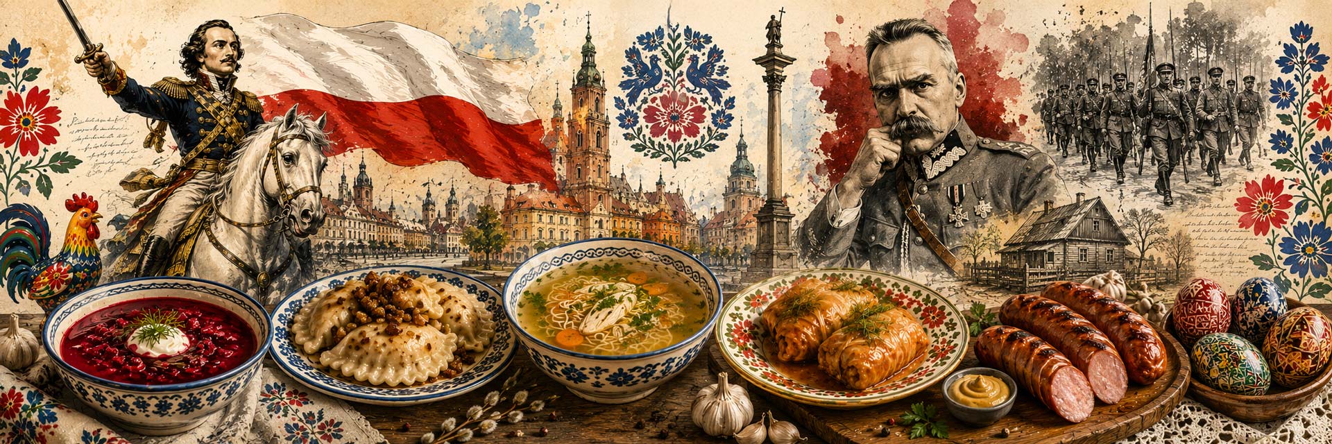 Polish Food, Culture and Stories illustration with Kościuszko, Piłsudski, pierogi, borscht, and folk art at Restaurant Relax Greenpoint