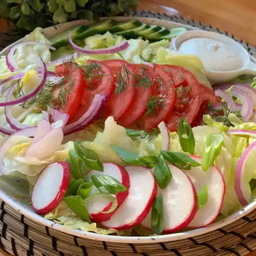 Relax House salad with lettuce, tomatoes, cucumber, radishes, red onion, green onions and creamy herb dressing at Relax in Greenpoint