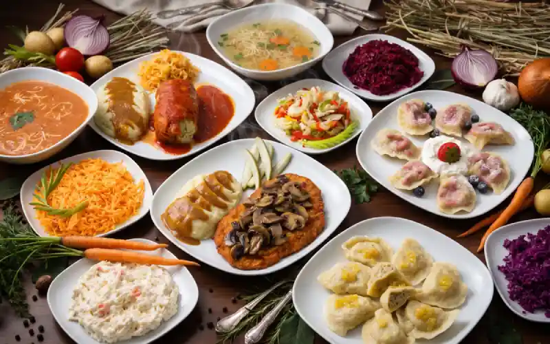 Price List of Traditional Polish food spread with pierogi, stuffed cabbage, soups, breaded cutlet and Polish salads at Restaurant Relax in Greenpoint