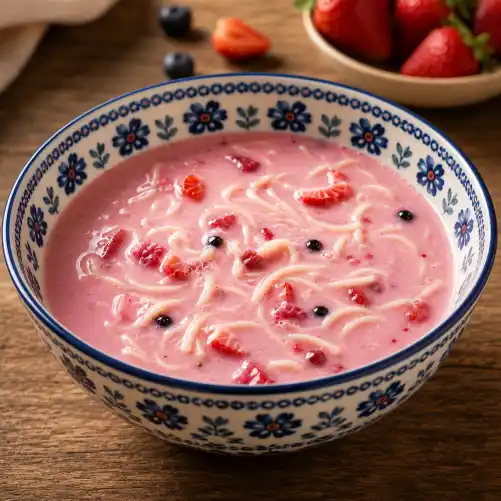 Traditional Polish fruit soup, zupa owocowa, with strawberries, blueberries and noodles at Restaurant Relax in Greenpoint