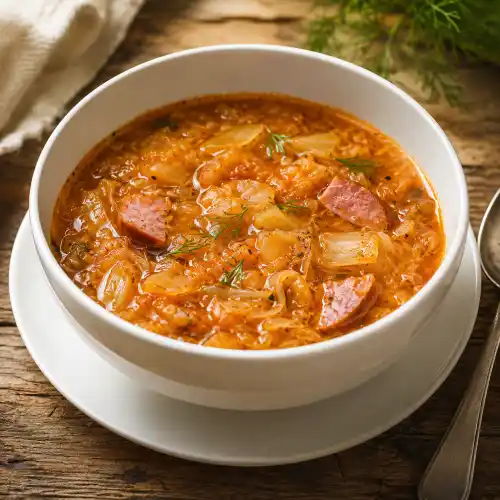 Traditional Polish sauerkraut soup, kapuśniak at Restaurant Relax in Greenpoint
