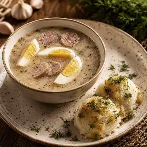 Traditional Polish żurek sour rye soup with sausage, hard-boiled egg and potatoes at Relax in Brooklyn