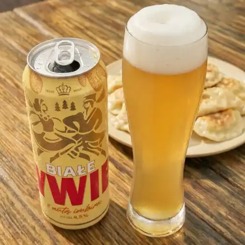 Żywiec Białe Polish beer with ginger served with pierogi at Restaurant Relax in Greenpoint