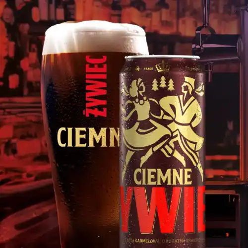 Can and glass of Żywiec Ciemne Polish dark lager at Relax in Greenpoint