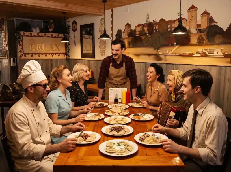 Illustration of Boil Me Gently sharing Polish dishes around a table at Restaurant Relax