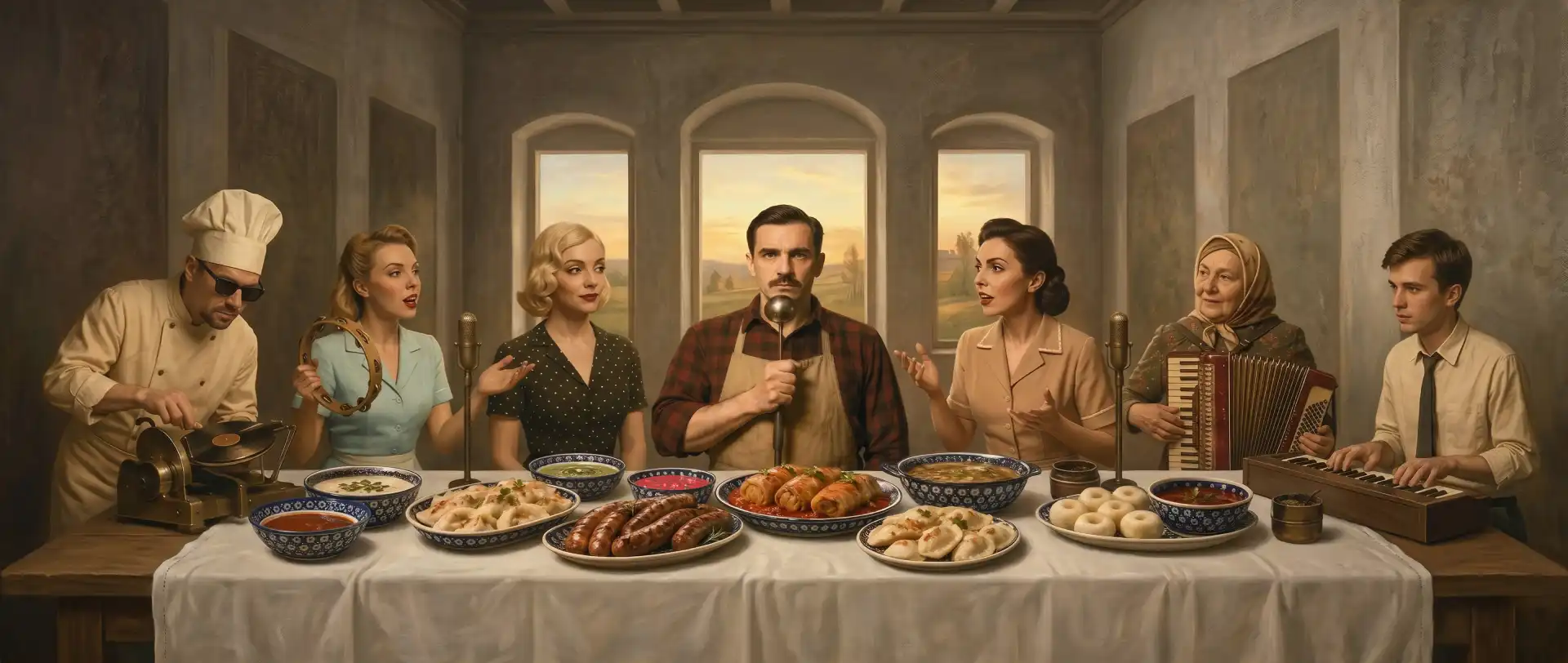 The First Supper artwork showing Boil Me Gently around a table of Polish dishes with musicians and instruments