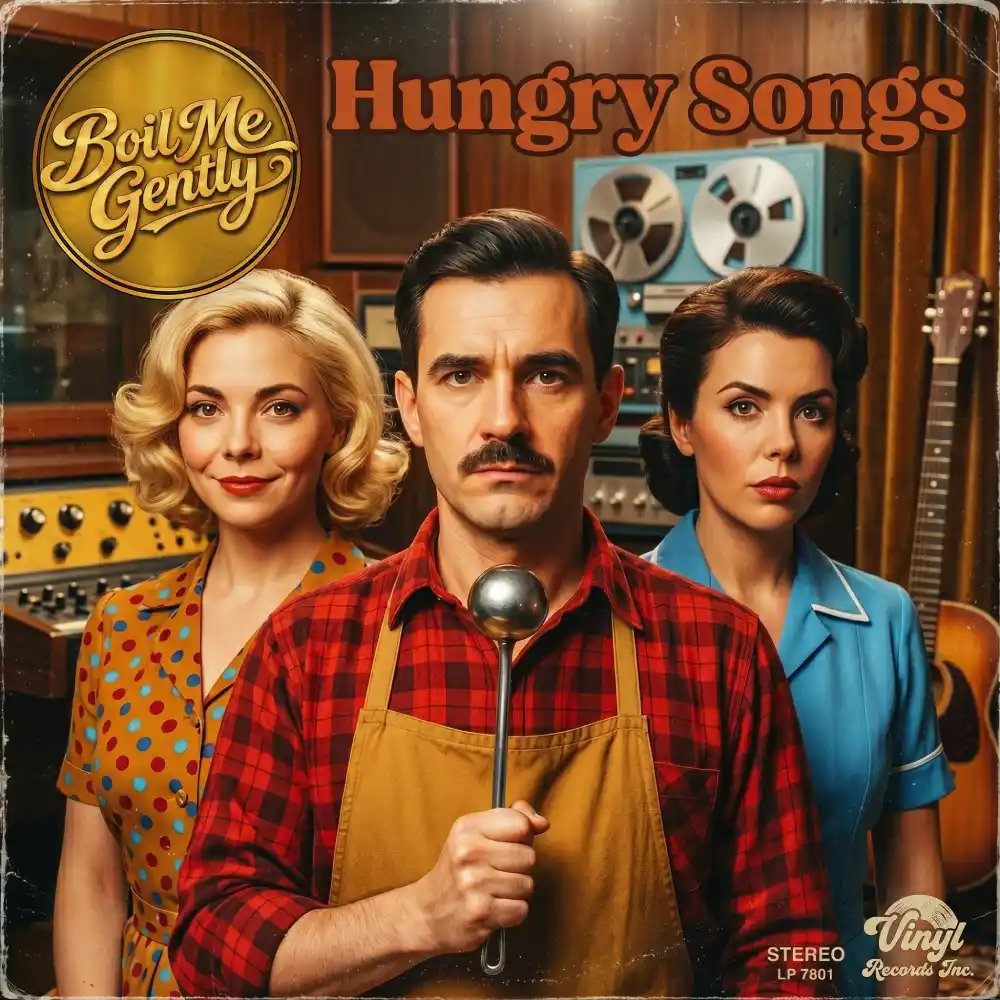 Hungry Songs album artwork by Boil Me Gently with three retro-styled performers in a recording studio